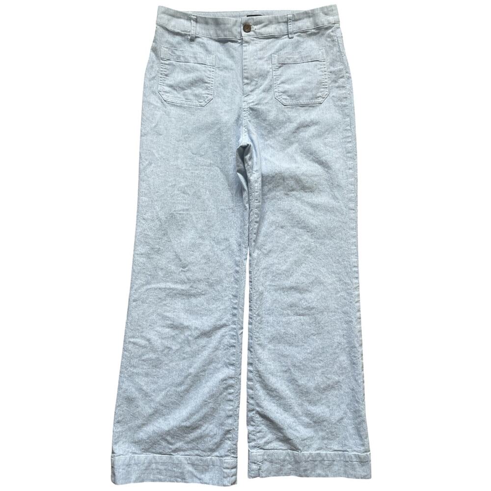 J.Crew High Rise Patch Pocket Wide Leg Pants Linen Blend 29 Blue White Stripe